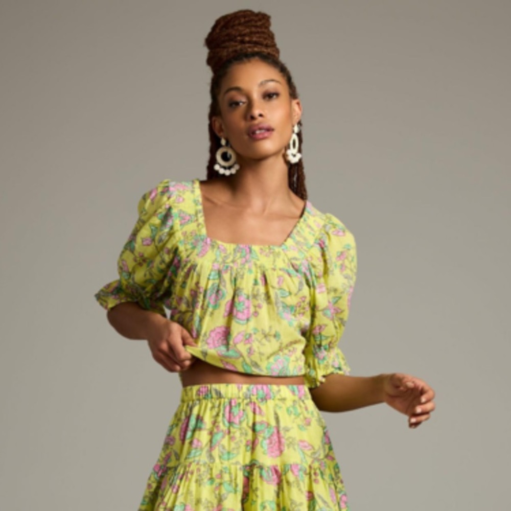 Anthro Sundry Brand Felicity Floral Smocked Peasant Top with Puffy Sleeves
